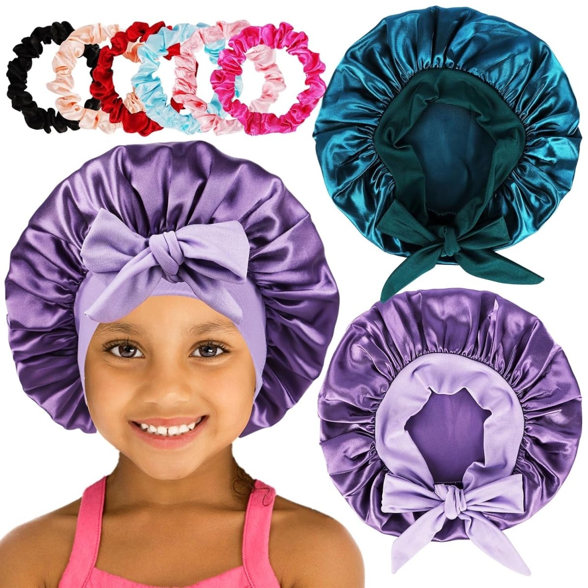 2 Pcs Satin Bonnet with Non - Slip tie and Scrunchies for Kids Sleeping, Kids Bonnets for Girls - Gorgeous Strands Retail