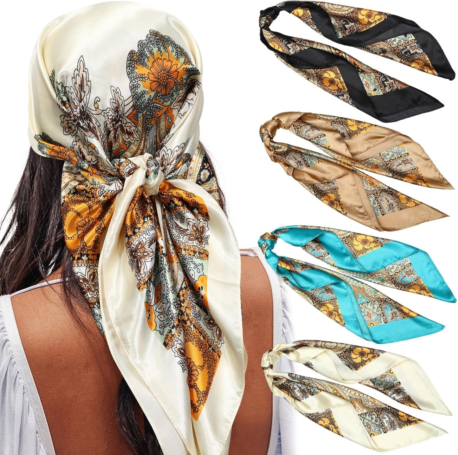 35” Satin Large Square Head Scarves - 4PCS Silk like Neck Scarf Hair Sleeping Wraps Satin Silk Scarfs for Women