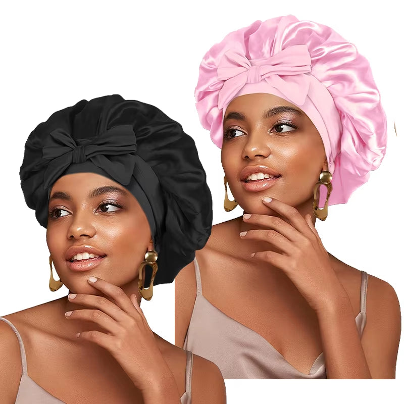 New Satin Solid Sleeping Hat with Stretchy Tie Band Elastic for Women Night Shower Cap Adjustable Hair Head Cover Bonnet Turban