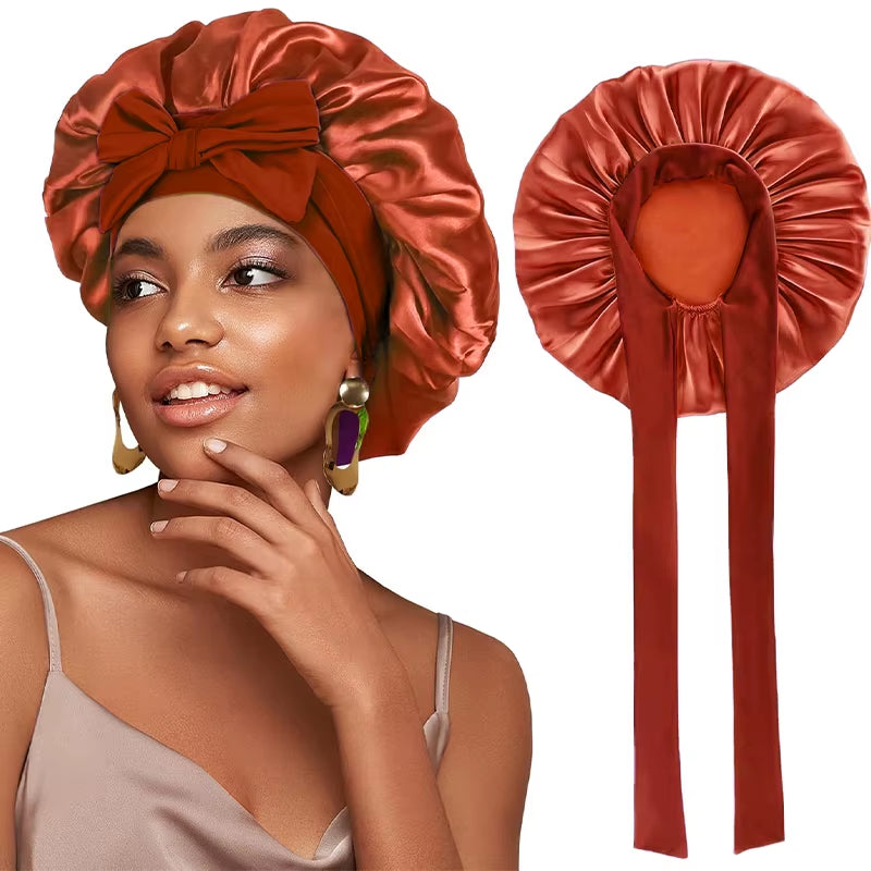 New Satin Solid Sleeping Hat with Stretchy Tie Band Elastic for Women Night Shower Cap Adjustable Hair Head Cover Bonnet Turban
