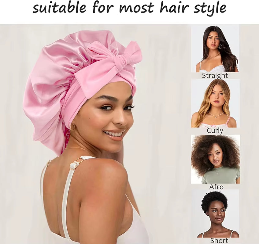 New Satin Solid Sleeping Hat with Stretchy Tie Band Elastic for Women Night Shower Cap Adjustable Hair Head Cover Bonnet Turban