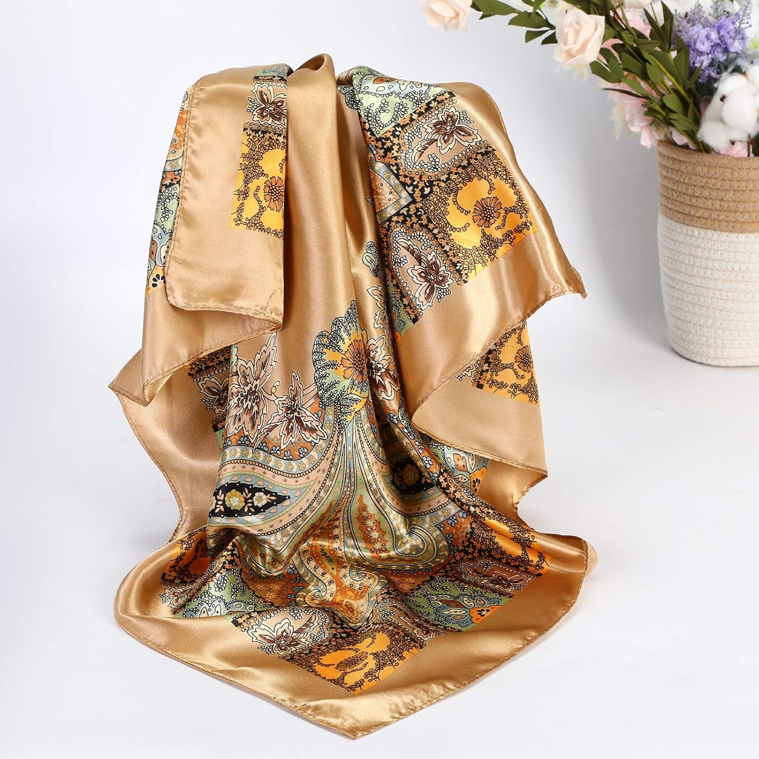 35” Satin Large Square Head Scarves - 4PCS Silk like Neck Scarf Hair Sleeping Wraps Satin Silk Scarfs for Women