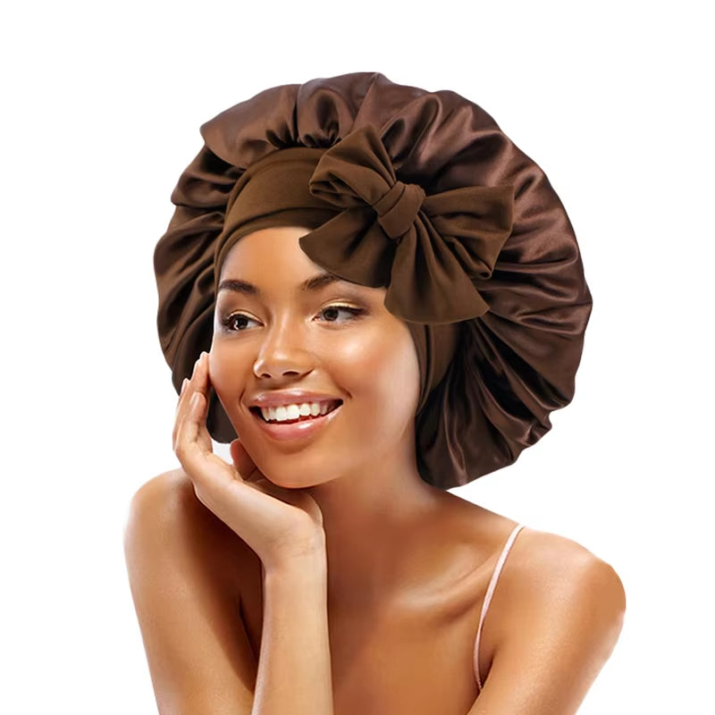 New Satin Solid Sleeping Hat with Stretchy Tie Band Elastic for Women Night Shower Cap Adjustable Hair Head Cover Bonnet Turban