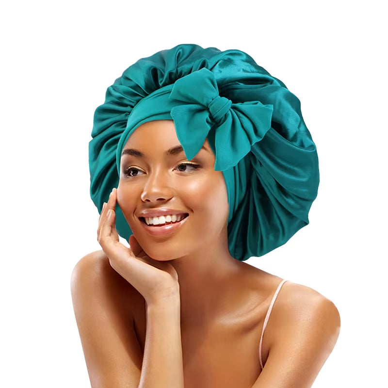 New Satin Solid Sleeping Hat with Stretchy Tie Band Elastic for Women Night Shower Cap Adjustable Hair Head Cover Bonnet Turban