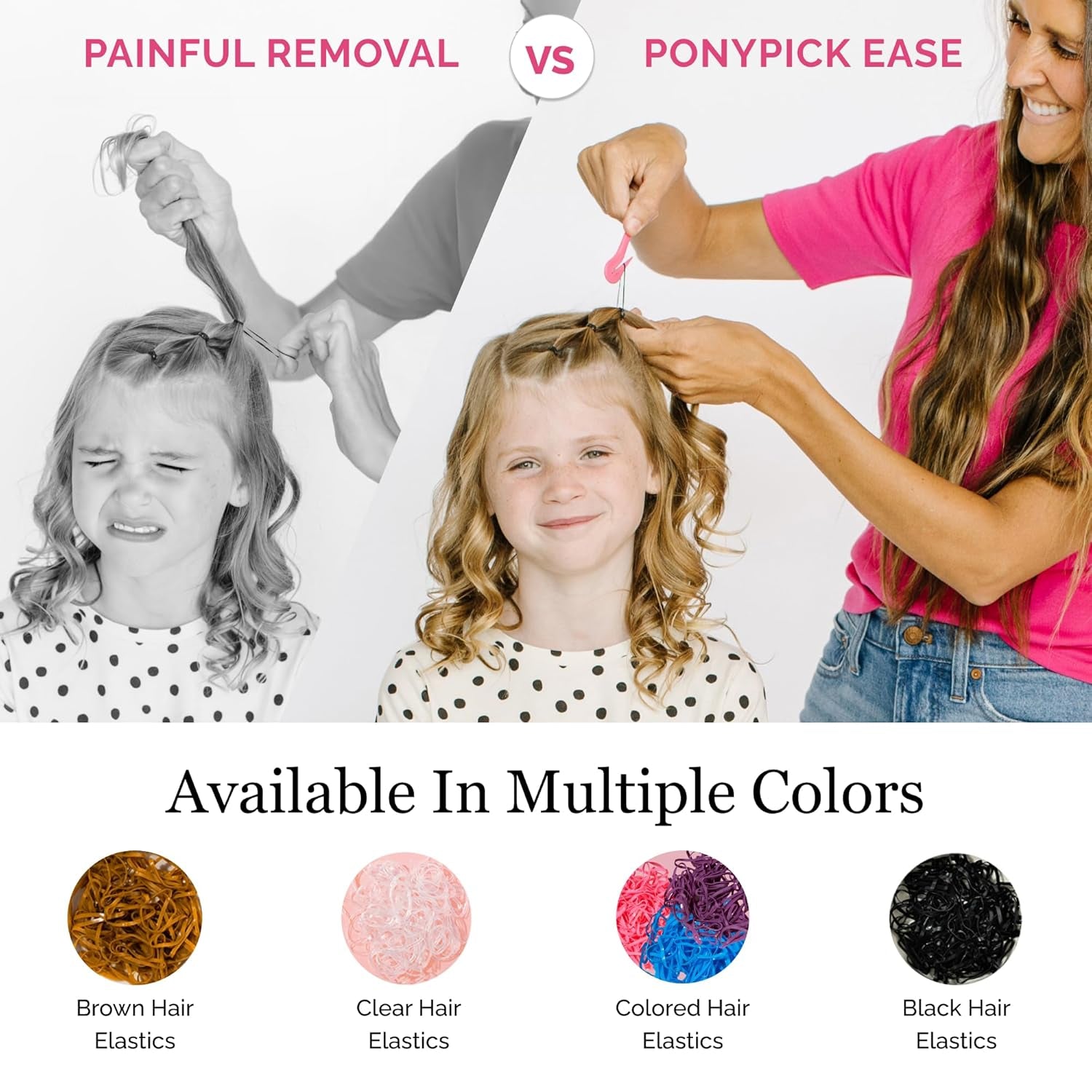 Hair Elastic Rubber Bands Cutter - Easy to Use, Pain-Free, No Hair Damage - Ponytail Tool for Kids & Toddlers (3 Packs & 50 Brown Elastics)