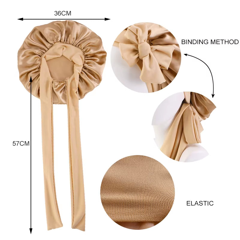 New Satin Solid Sleeping Hat with Stretchy Tie Band Elastic for Women Night Shower Cap Adjustable Hair Head Cover Bonnet Turban