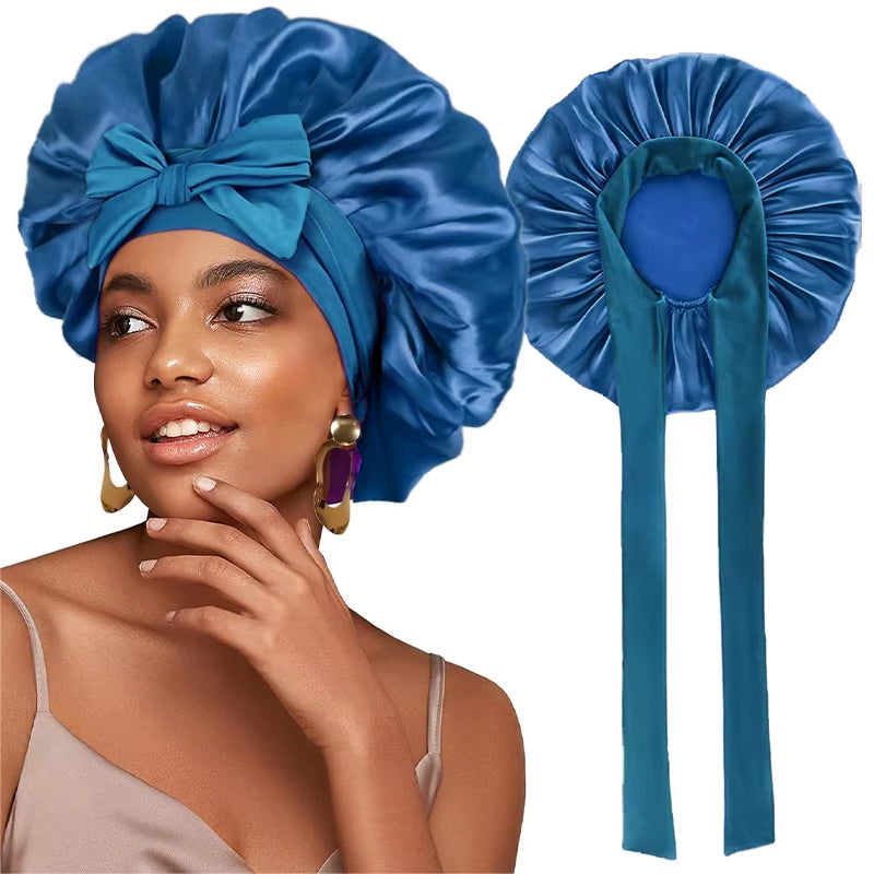 New Satin Solid Sleeping Hat with Stretchy Tie Band Elastic for Women Night Shower Cap Adjustable Hair Head Cover Bonnet Turban
