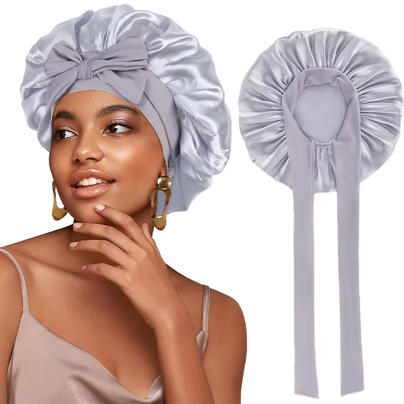 New Satin Solid Sleeping Hat with Stretchy Tie Band Elastic for Women Night Shower Cap Adjustable Hair Head Cover Bonnet Turban