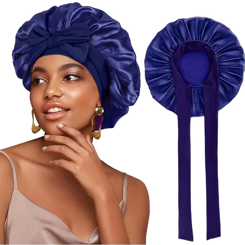 New Satin Solid Sleeping Hat with Stretchy Tie Band Elastic for Women Night Shower Cap Adjustable Hair Head Cover Bonnet Turban