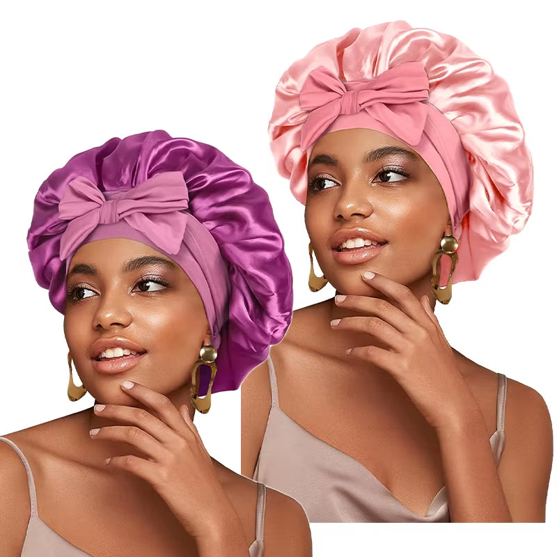 New Satin Solid Sleeping Hat with Stretchy Tie Band Elastic for Women Night Shower Cap Adjustable Hair Head Cover Bonnet Turban