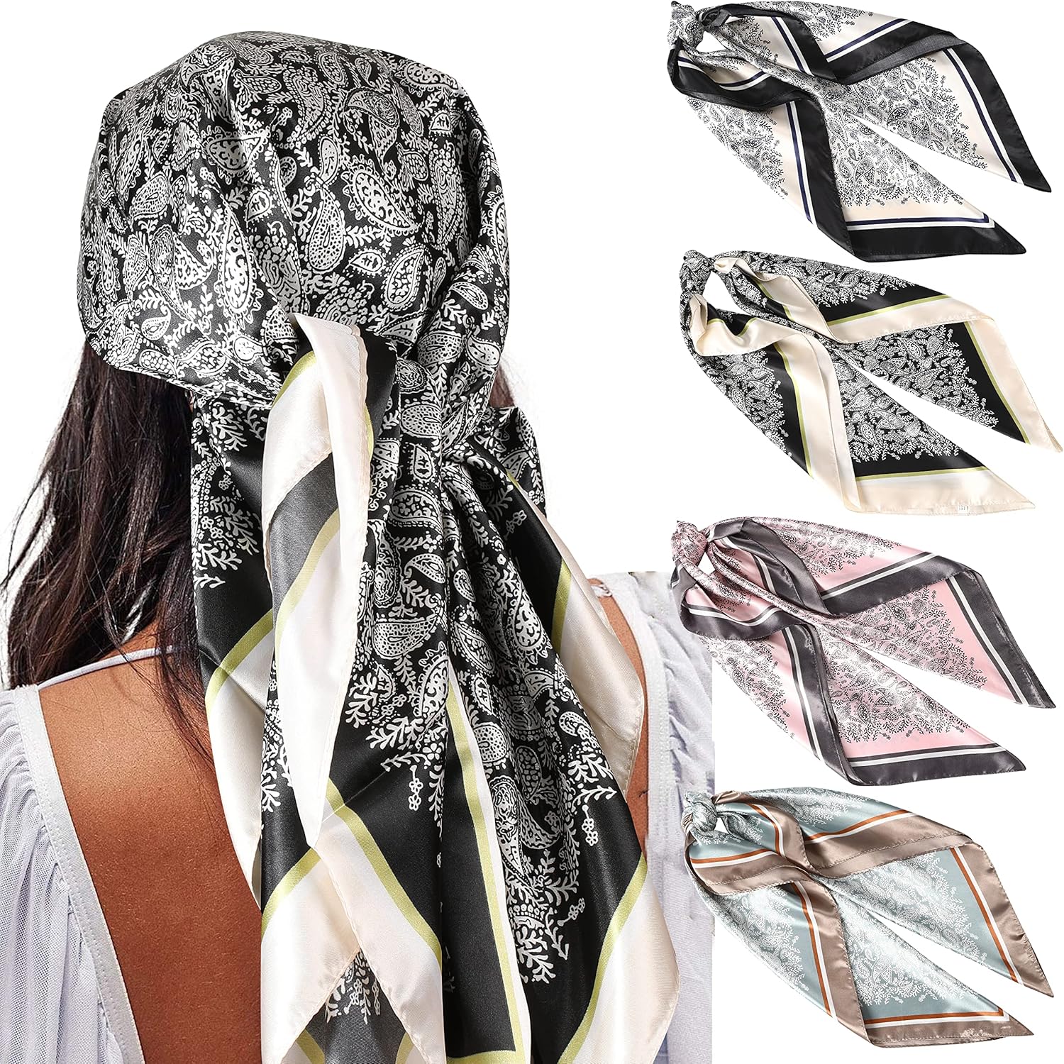 35” Satin Large Square Head Scarves - 4PCS Silk like Neck Scarf Hair Sleeping Wraps Satin Silk Scarfs for Women