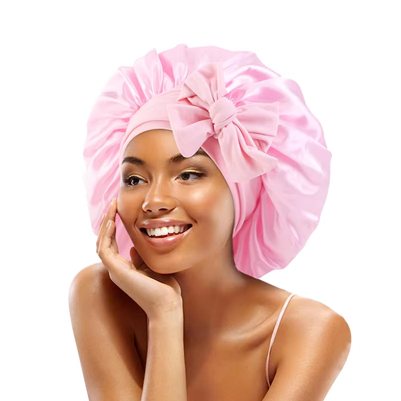 New Satin Solid Sleeping Hat with Stretchy Tie Band Elastic for Women Night Shower Cap Adjustable Hair Head Cover Bonnet Turban
