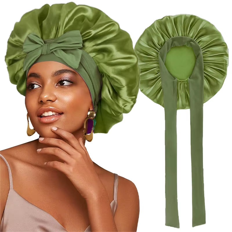 New Satin Solid Sleeping Hat with Stretchy Tie Band Elastic for Women Night Shower Cap Adjustable Hair Head Cover Bonnet Turban