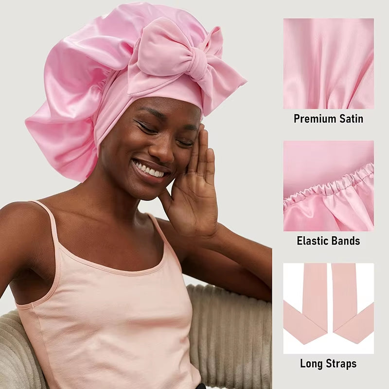 New Satin Solid Sleeping Hat with Stretchy Tie Band Elastic for Women Night Shower Cap Adjustable Hair Head Cover Bonnet Turban
