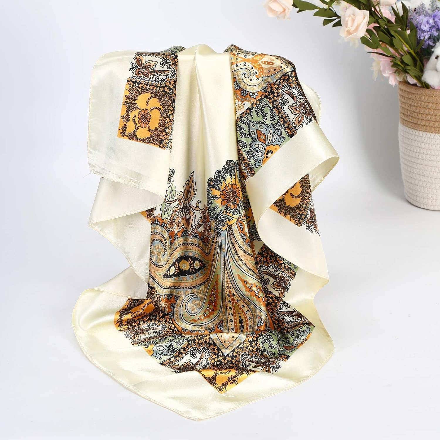 35” Satin Large Square Head Scarves - 4PCS Silk like Neck Scarf Hair Sleeping Wraps Satin Silk Scarfs for Women