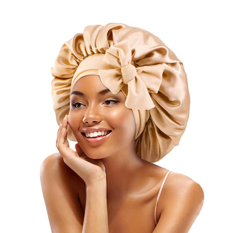 New Satin Solid Sleeping Hat with Stretchy Tie Band Elastic for Women Night Shower Cap Adjustable Hair Head Cover Bonnet Turban