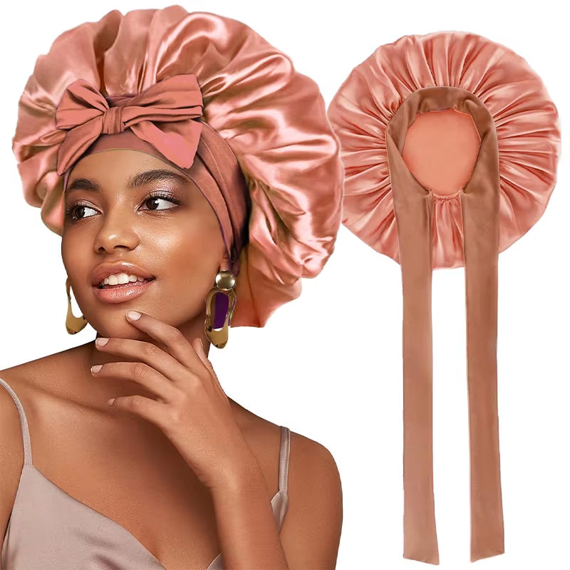 New Satin Solid Sleeping Hat with Stretchy Tie Band Elastic for Women Night Shower Cap Adjustable Hair Head Cover Bonnet Turban