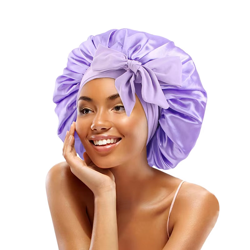New Satin Solid Sleeping Hat with Stretchy Tie Band Elastic for Women Night Shower Cap Adjustable Hair Head Cover Bonnet Turban