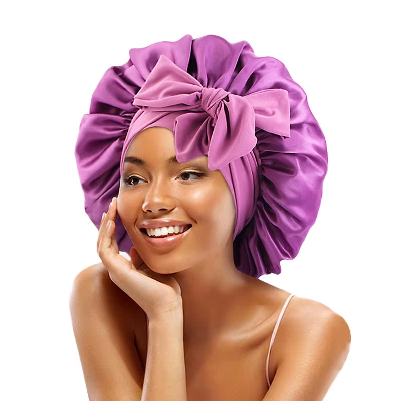 New Satin Solid Sleeping Hat with Stretchy Tie Band Elastic for Women Night Shower Cap Adjustable Hair Head Cover Bonnet Turban