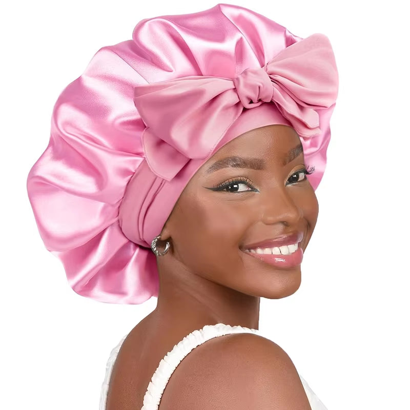 New Satin Solid Sleeping Hat with Stretchy Tie Band Elastic for Women Night Shower Cap Adjustable Hair Head Cover Bonnet Turban