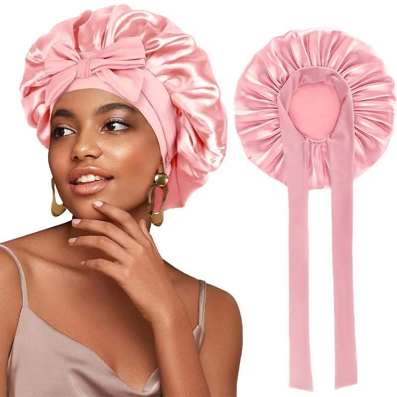 New Satin Solid Sleeping Hat with Stretchy Tie Band Elastic for Women Night Shower Cap Adjustable Hair Head Cover Bonnet Turban